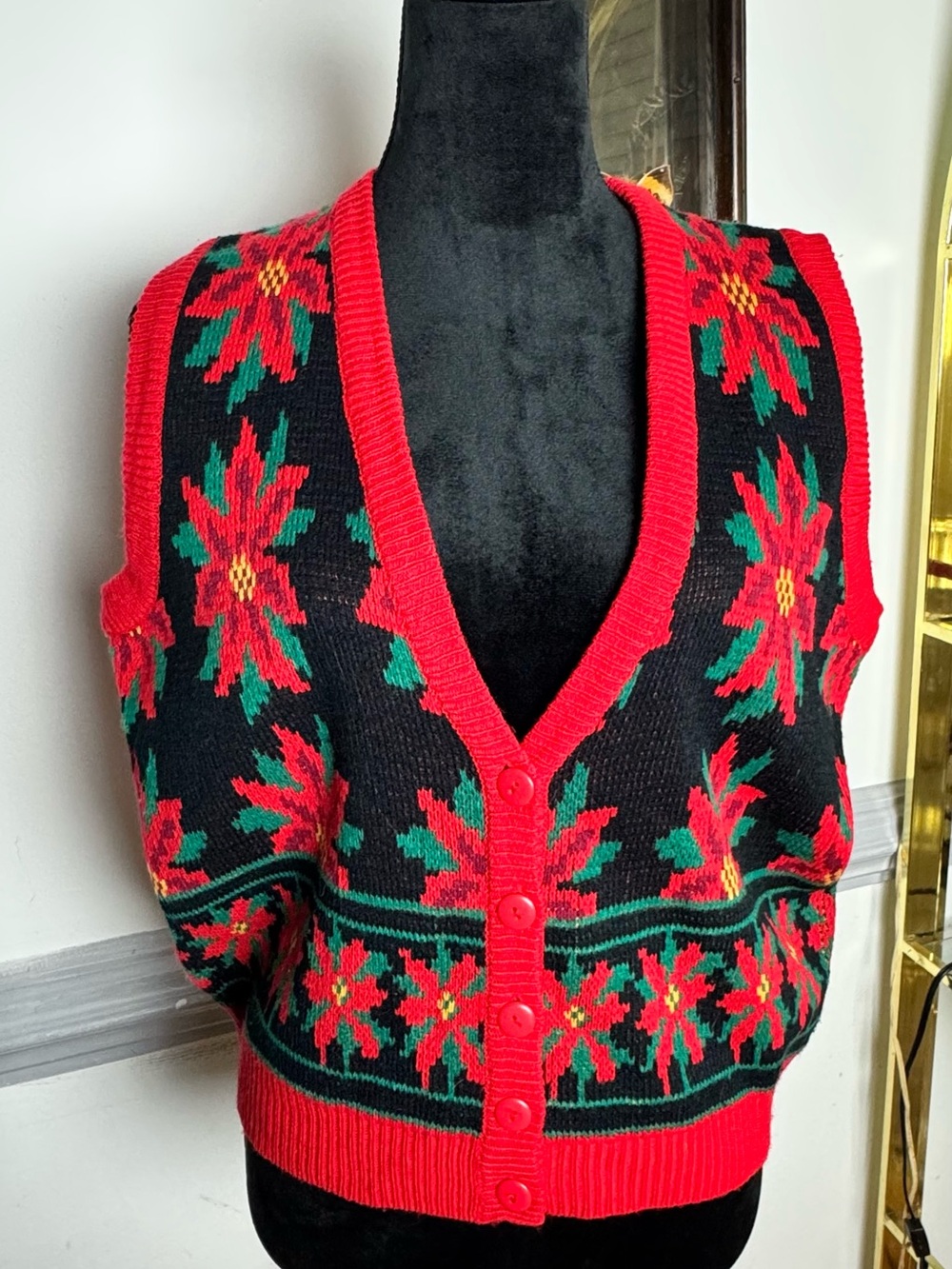 Red & Black Poinsettia Button-Front Knit Vest
